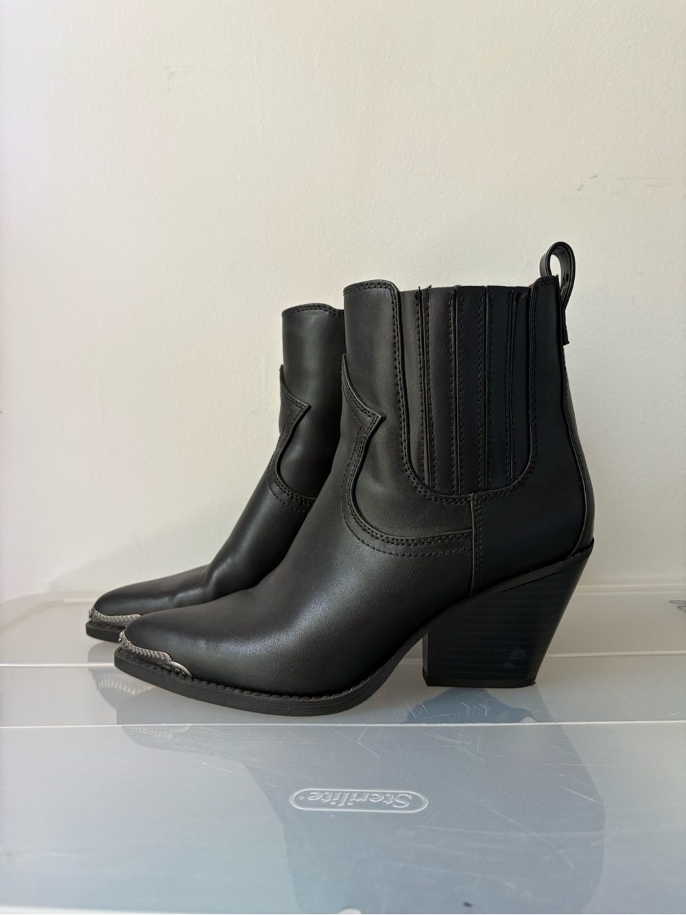 Zodiac Black Leather Western-Inspired Ankle Boots